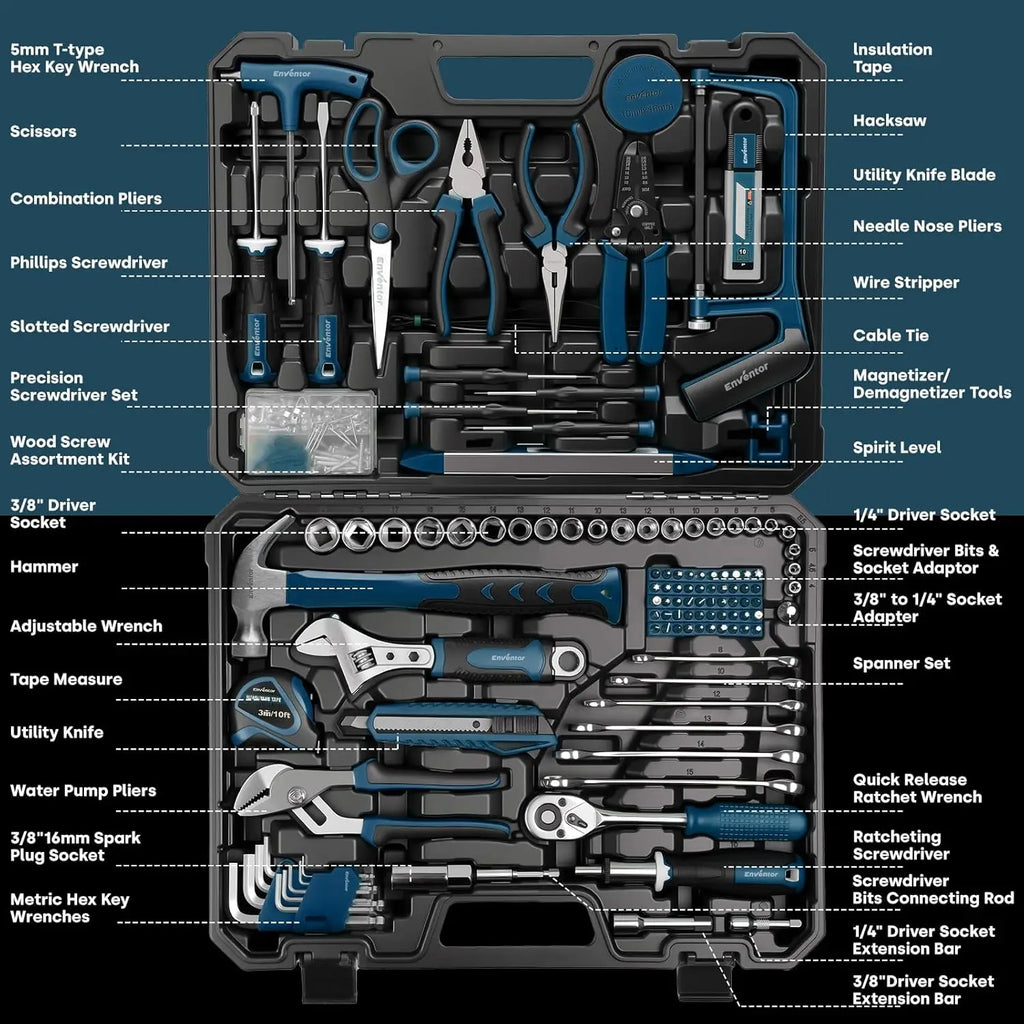 Tool Set, 220-Piece Home Tool Kit with Toolbox, Wrench and Hand Tools for Home Repairs, Auto Maintenance, DIY & General Repair Tools for Men & Women, Blue