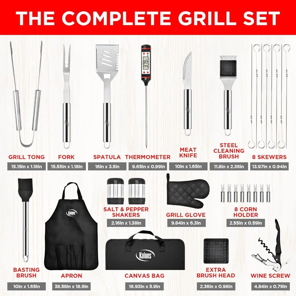 Heavy Duty Stainless Steel Grill Set with Meat Thermometer, Case and Apron for Outdoor BBQ