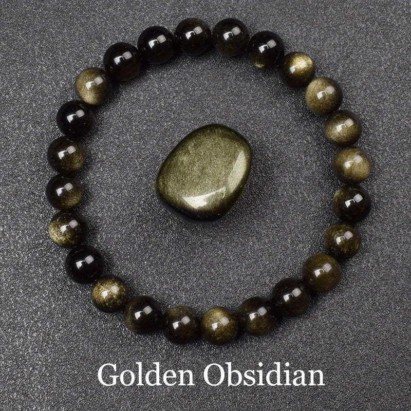 Golden Obsidian Stone Beads Bracelet Men Women Golden Light Rainbow Obsidian Raw Stone Round Bead Natural Energy Jewelry