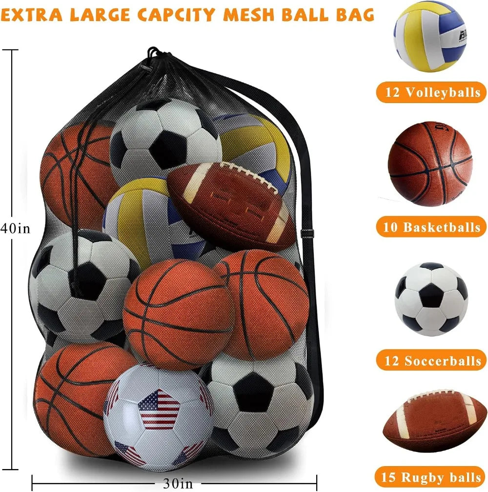 30x40'' Heavy Duty Mesh Ball Bag for Soccer, Basketball, Volleyball - Breathable Sports Gear Organizer with Adjustable Strap