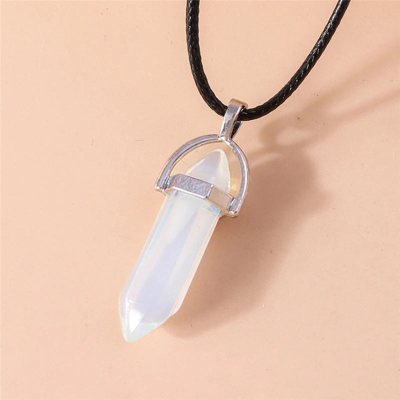 Stone Quartz Gem, Pink Crystal Stone Hexagonal Column Pendant, Necklaces, Leather Chain Bullet Necklace
