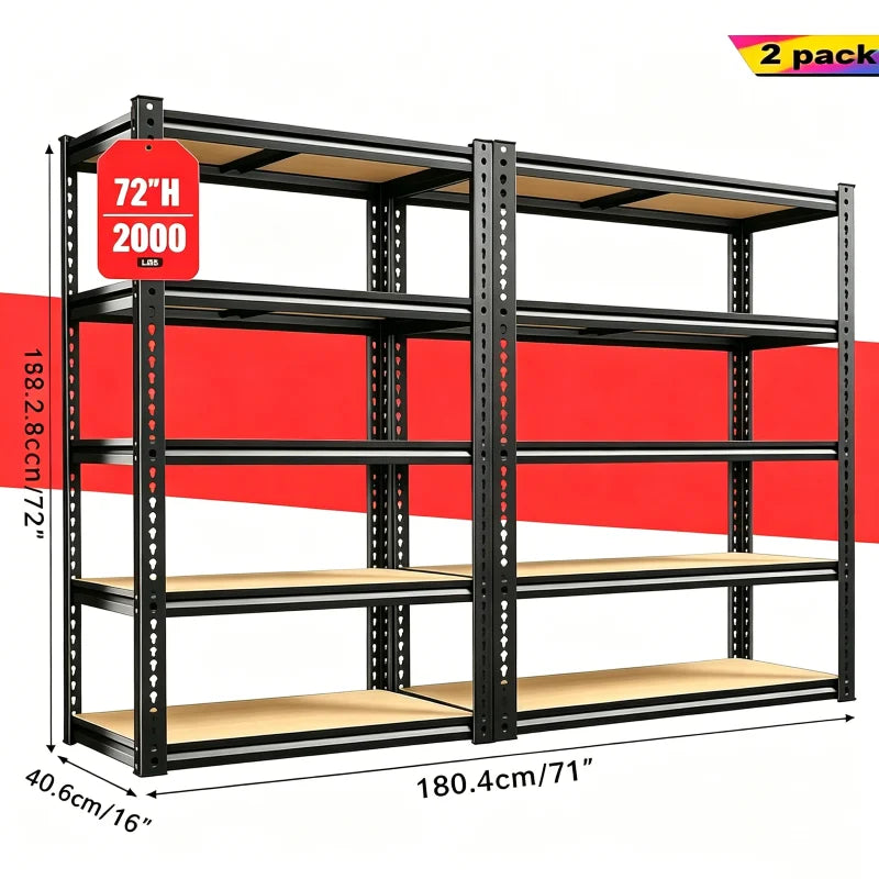 60/72 Inch two-piece Heavy Duty Storage Shelves, 2000LBS Capacity Metal Shelving Unit, Adjustable Garage Shelves & Organizer with Overlap Design for Home Garage Warehouse Storage Shop,Black