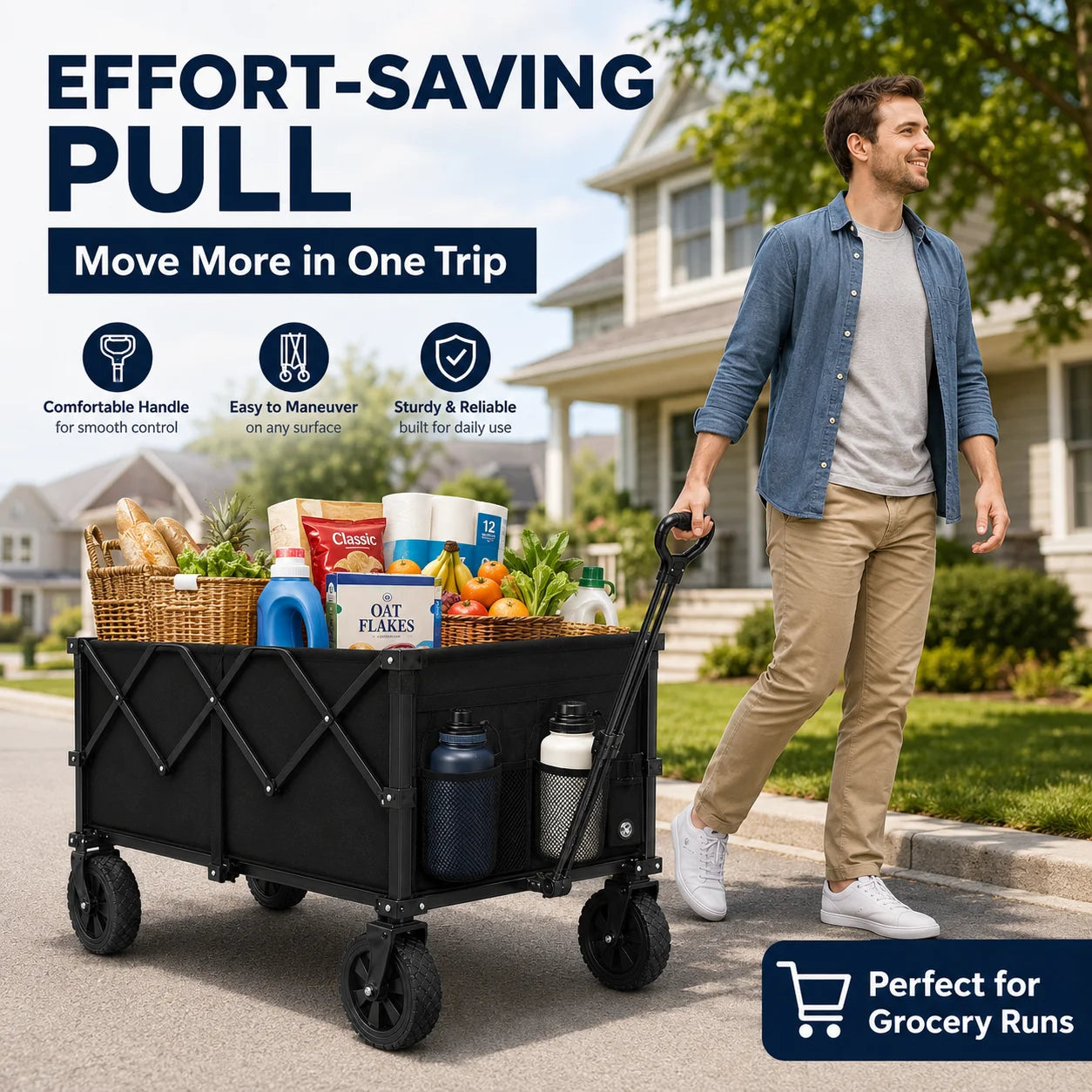 Heavy Duty Collapsible Camping Wagon, Large Capacity Foldable Utility Cart with Side Storage Pockets & All-Terrain Wheels for Outdoor Travel, Grocery Shopping & Yard Work