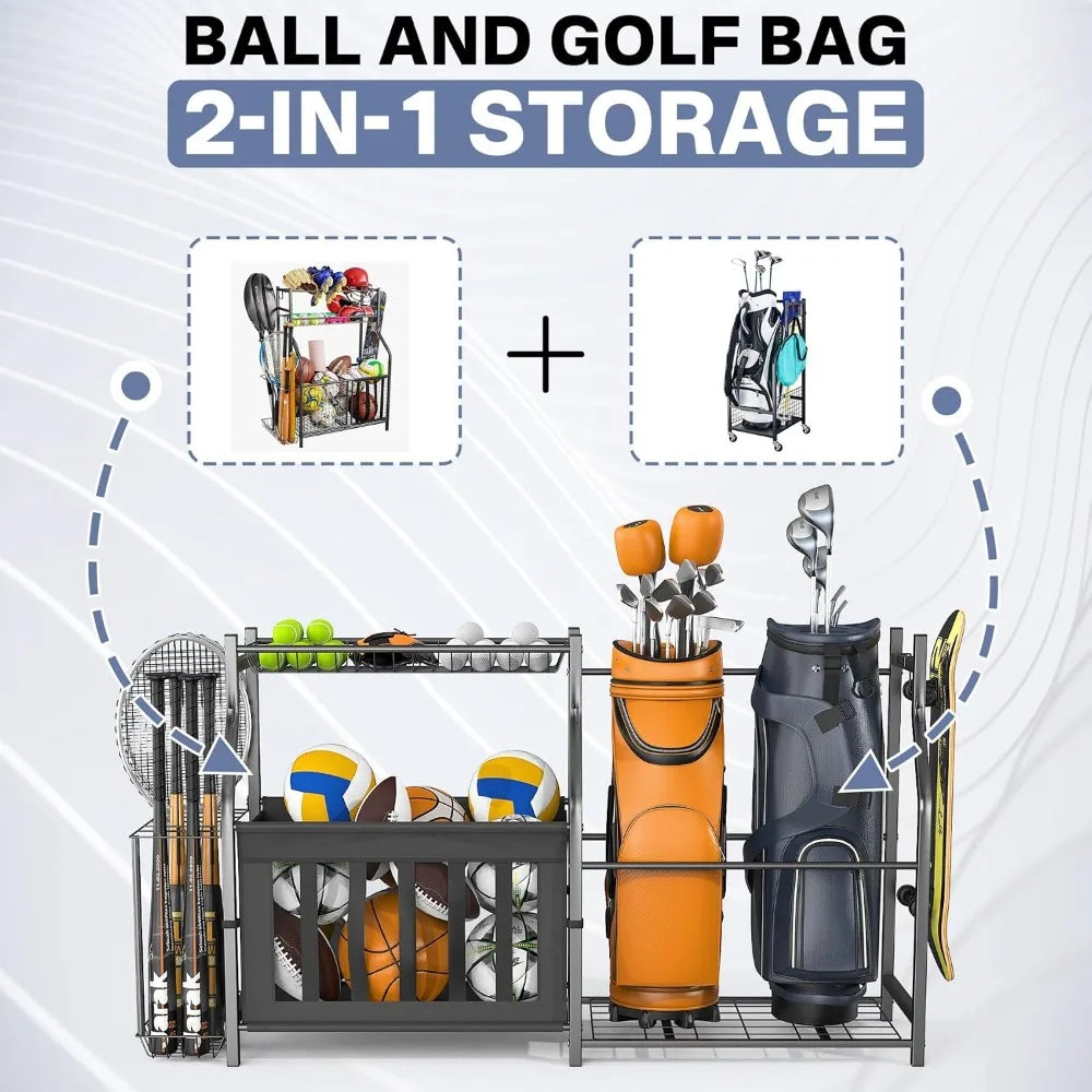 Garage Sports Equipment Organizer, Ball Storage Stand, Indoor Golf Bags Stand for Garage