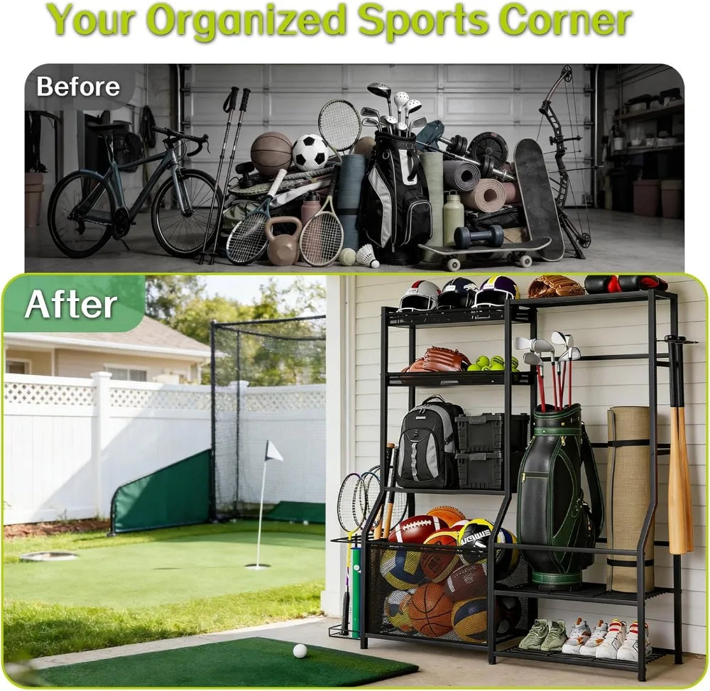 Large Sports Organizer for Garage, Ball Storage Rack with Side Racks, Baskets, Hooks, Multi-Purpose Golf Gear Storage for Gym Indoor Outdoor
