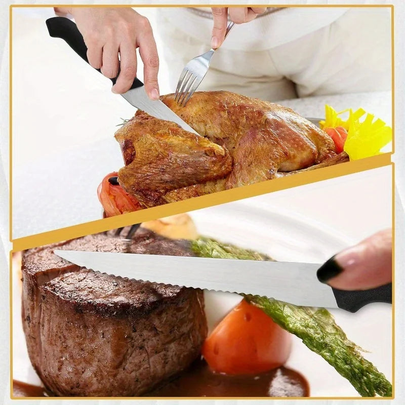 6Pcs Serrated Steak Knife Set Stainless Steel Sharp Table Knives Black Ergonomic Handle Dinner Cutlery For Home Restaurant BBQ Meat Cutting Kitchen Tool