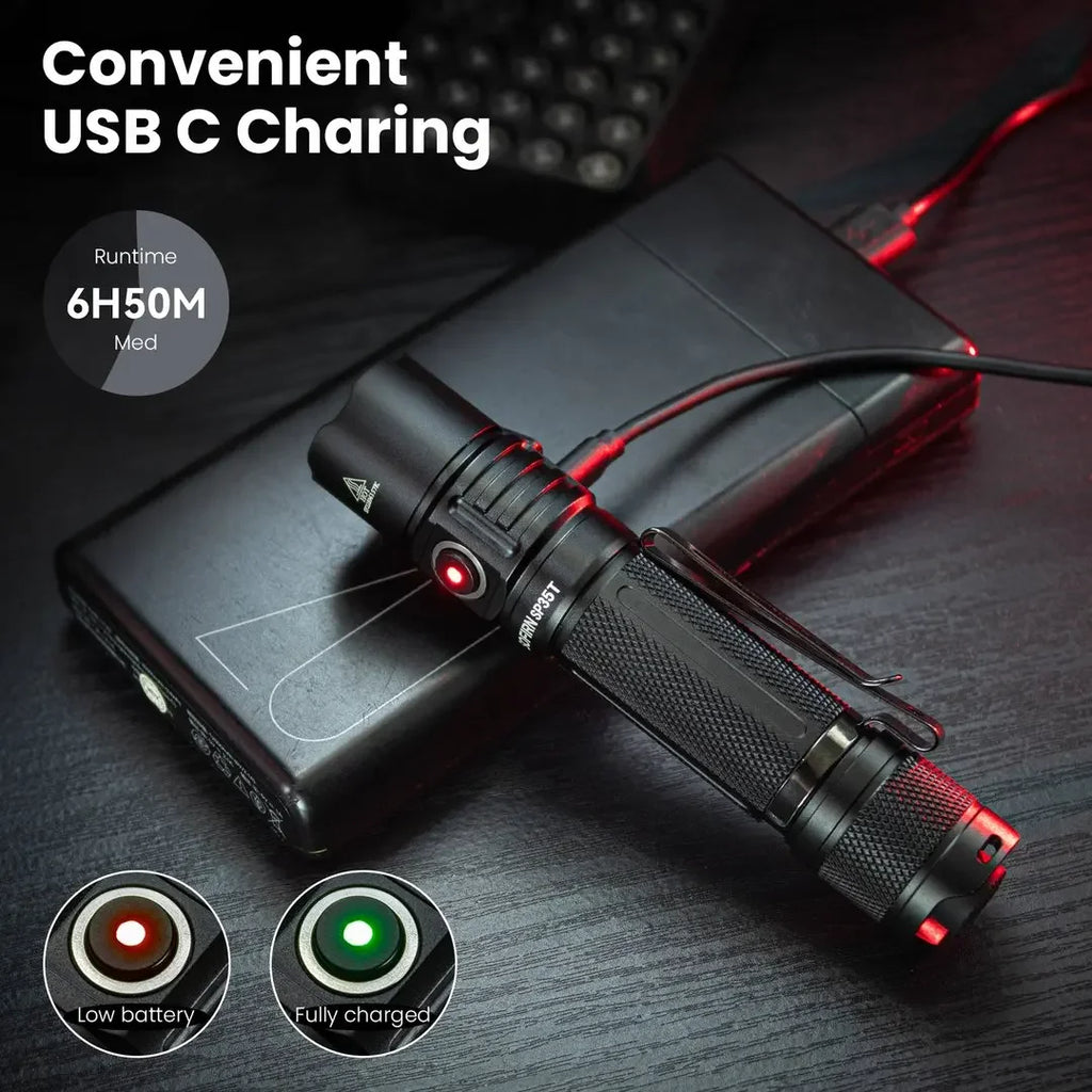3800lm Tactical 21700 Flashlight Powerful LED Light USB C Rechargeable Torch with Dual Switch Power Indicator ATR