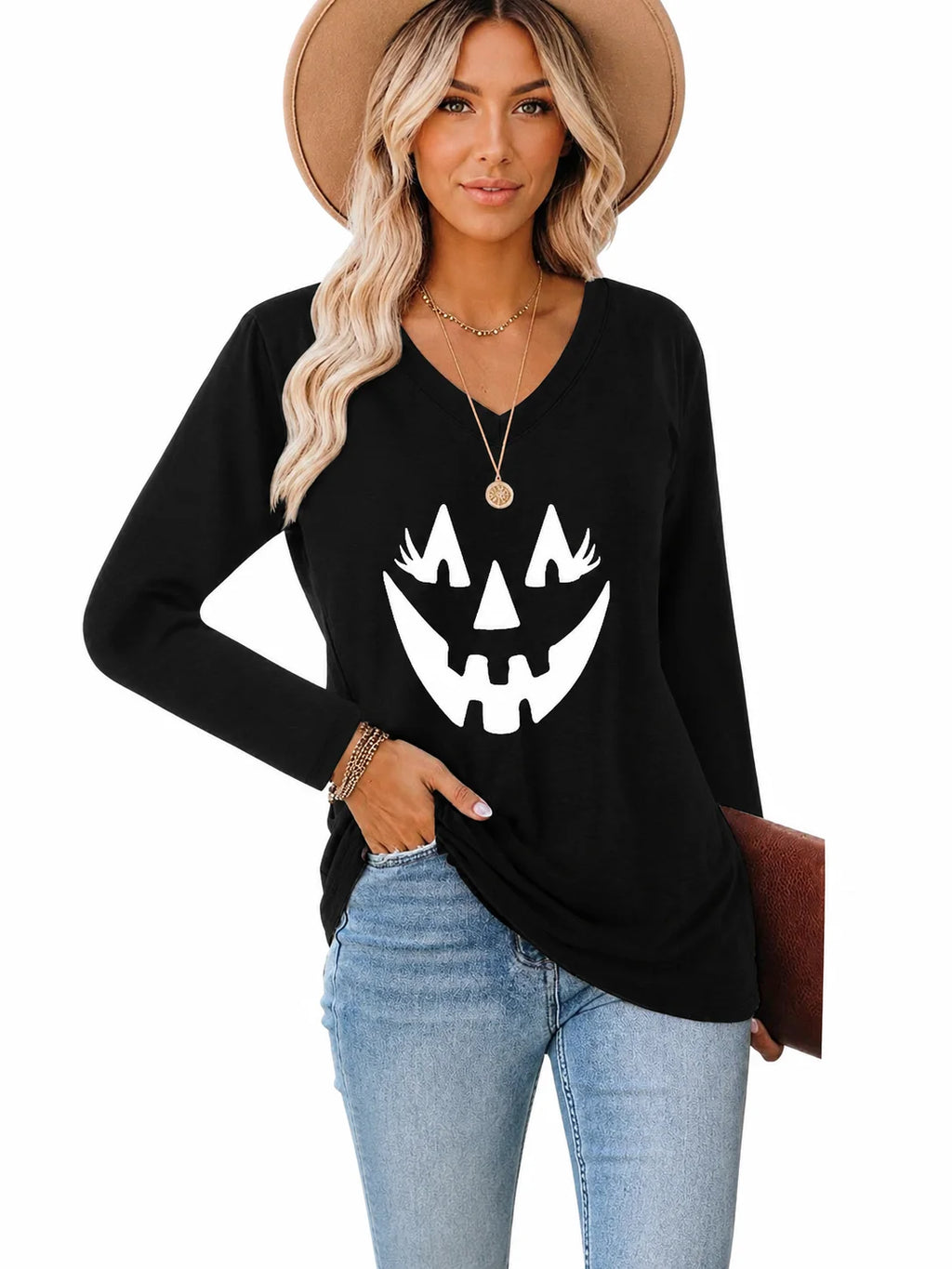 Halloween Pumpkin Graphic Long Sleeve Shirts for Women V Neck Cute Eyelash Pumpkin Face Tee Casual Loose Fall Holiday Outfit Tops