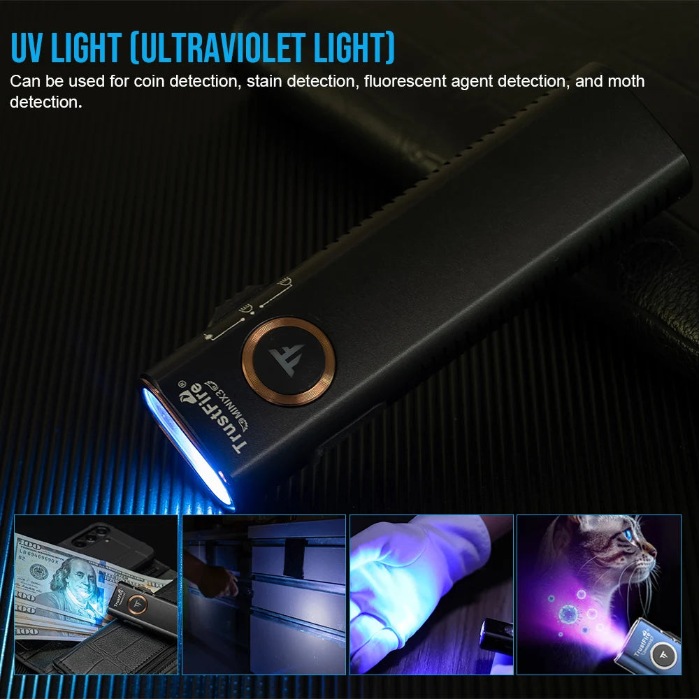 TrustFire MINIX3 Flat EDC Flashlight with White Light, Flood Light, UV and Green Light, 1050 Lumens Portable Rechargeable Flashlights, 4-in-1 Lighting Modes Pocket Lights for Camping, Emergency