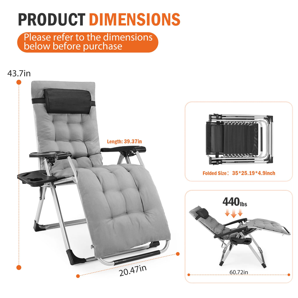 Zero Gravity Reclining Camping Lounge Chair for Outdoor Soft Cushion Patio Chairs with Cup Holder Trays and Removable Cushion Folding Recliner for Indoor