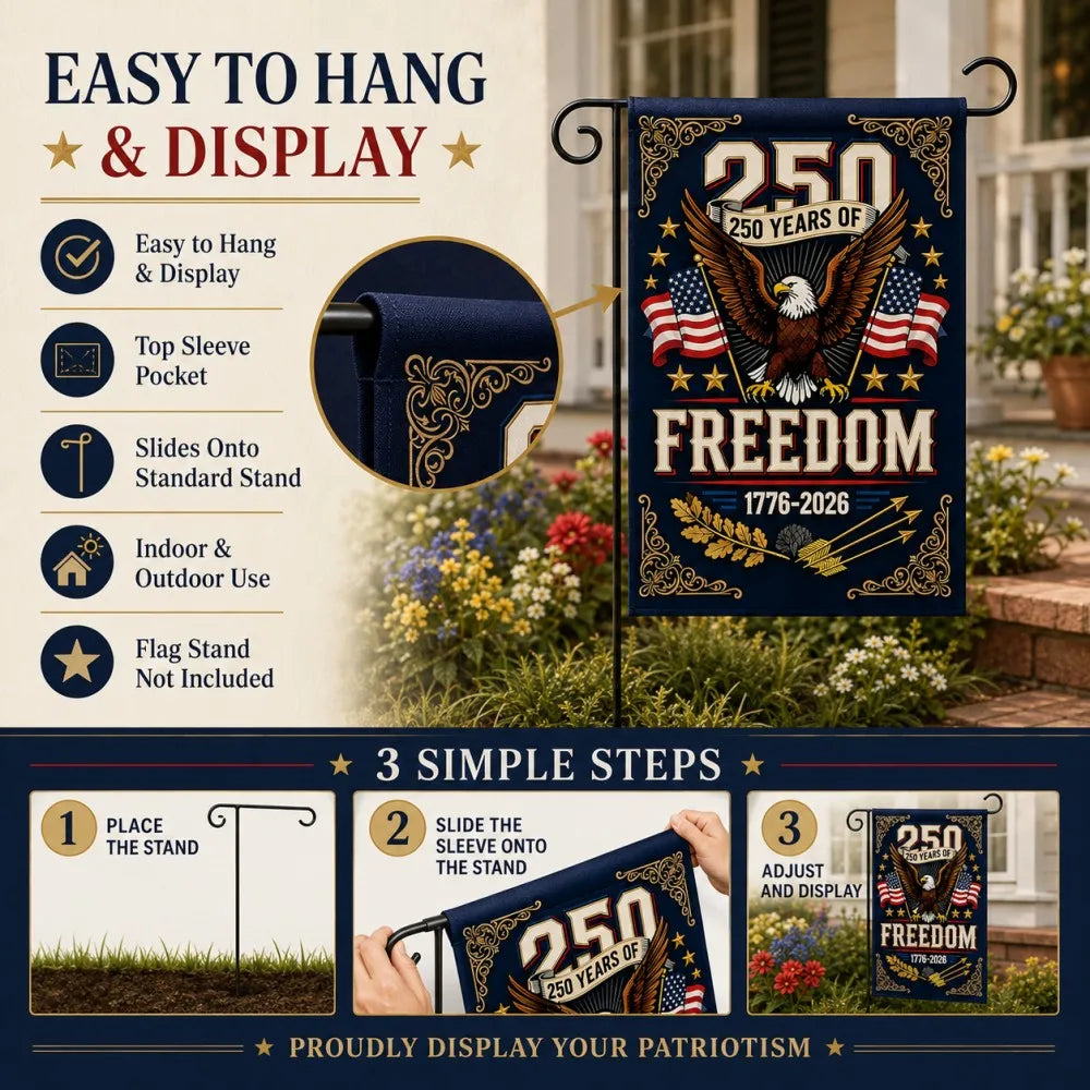 Patriotic Garden Flag 30x45cm 12x18in Polyester 250 Years of Freedom 1776-2026 Eagle American Flag Yard Banner Independence Day Memorial Day Veterans Day Porch Garden Lawn Pathway Farmhouse Home Entrance Outdoor Decor Holiday