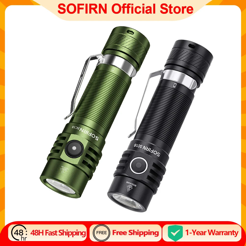 1800lm EDC Flashlight USB C Rechargeable SST40 LED 18650 Torch TIR Optics Lens Lantern with Power Indicator