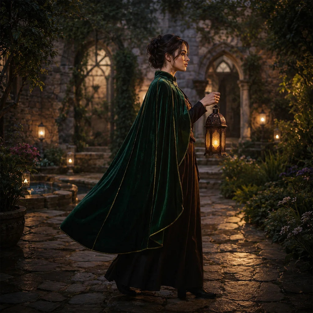 Women Medieval Cloak Adult Renaissance Victorian Deluxe Stand Collar Velvet Gold Trim Cape Halloween Cosplay