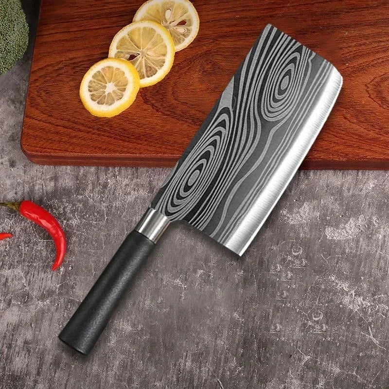 Laser Damascus Pattern Utility Kitchen Knives Scissors Sharpening Rod Set