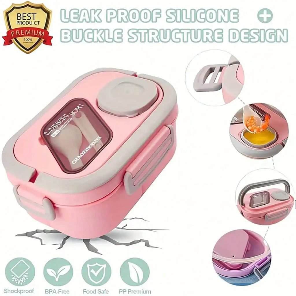 2-Layer Multi-Compartment Lunch Box Set: Lunch Box + Cup + Bag. Includes Cutlery And Sauce Container. Microwave-Security, Suitab