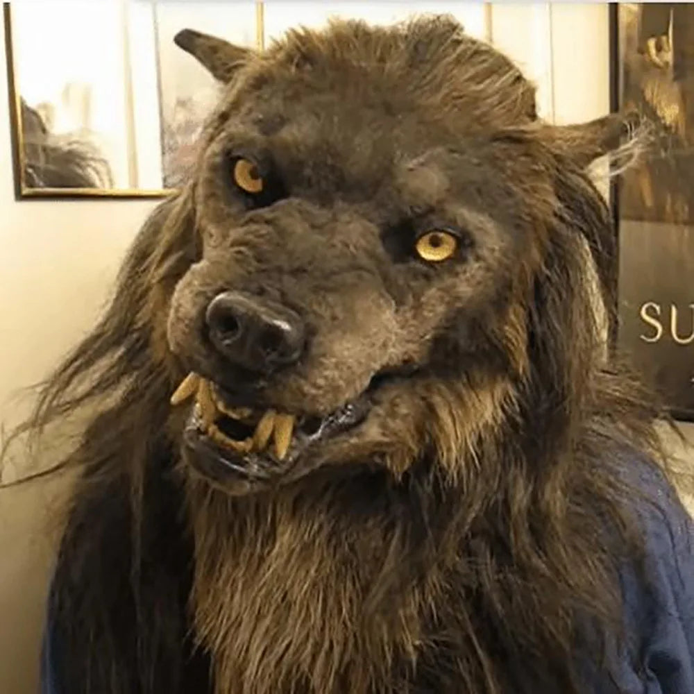 Hot‑selling Animal Latex Simulated Wolf Head Mask Hood with Brown Hair, Halloween Cosplay Mask for Adults