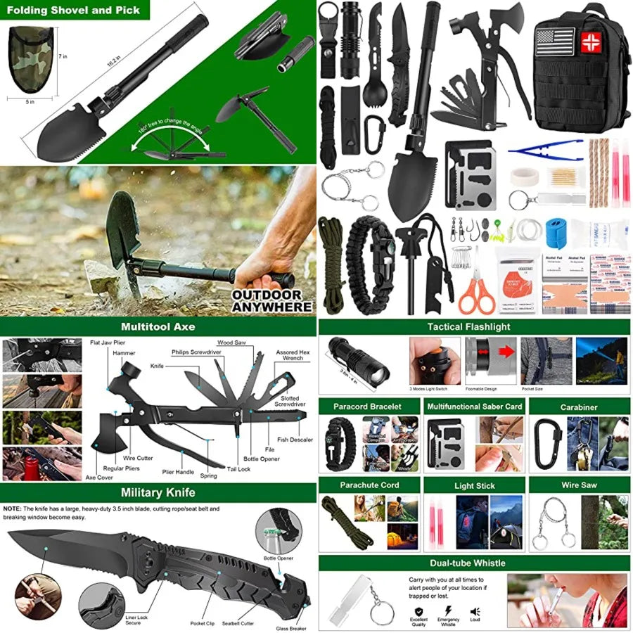 Emergency Survival Kit and First Aid Kit, 142Pcs Professional Survival Gear and Supplies Equipment