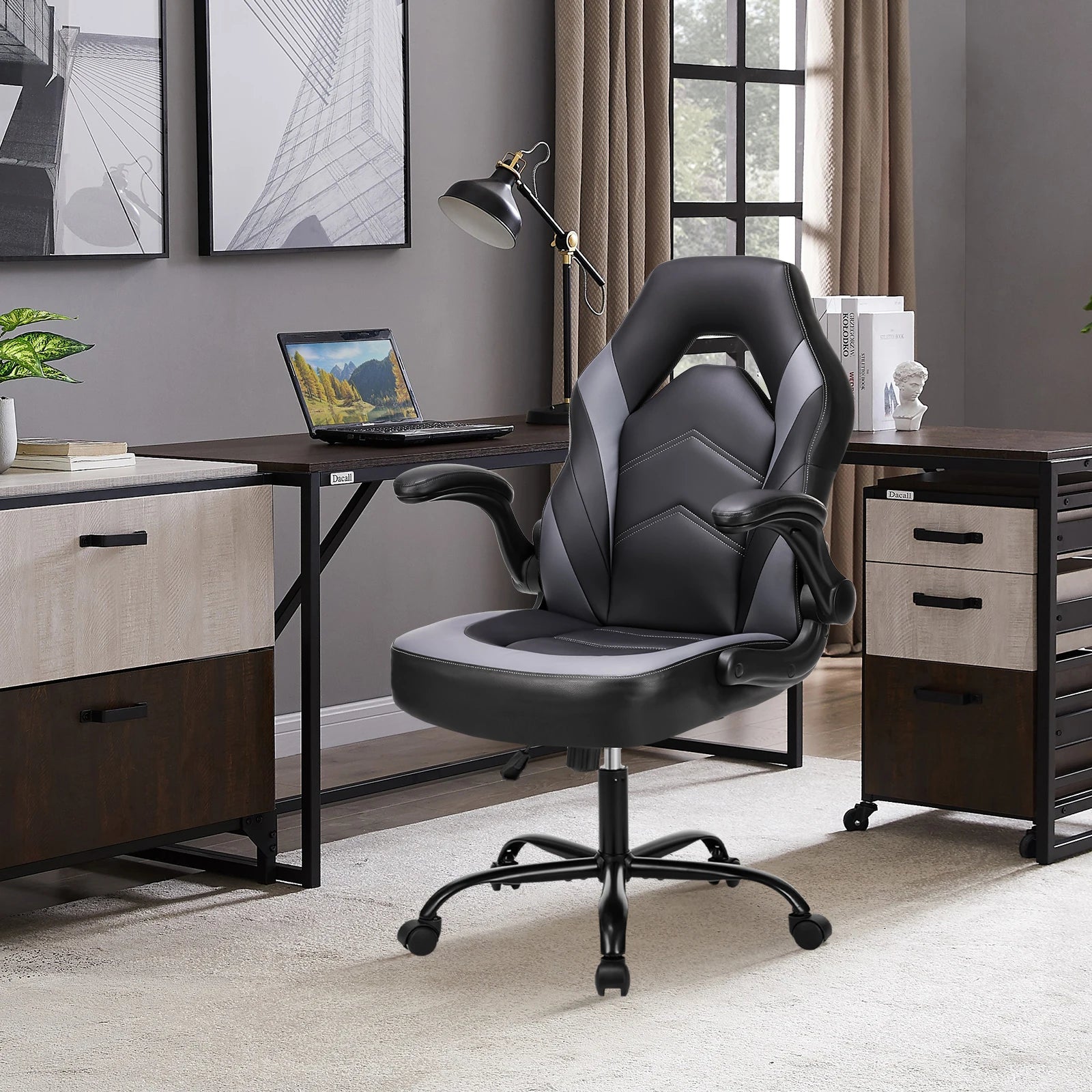 Gaming Chair Ergonomic Office Chair with Swivel Rolling Adjustable PU Leather Racing Chair Flip-up Armrest