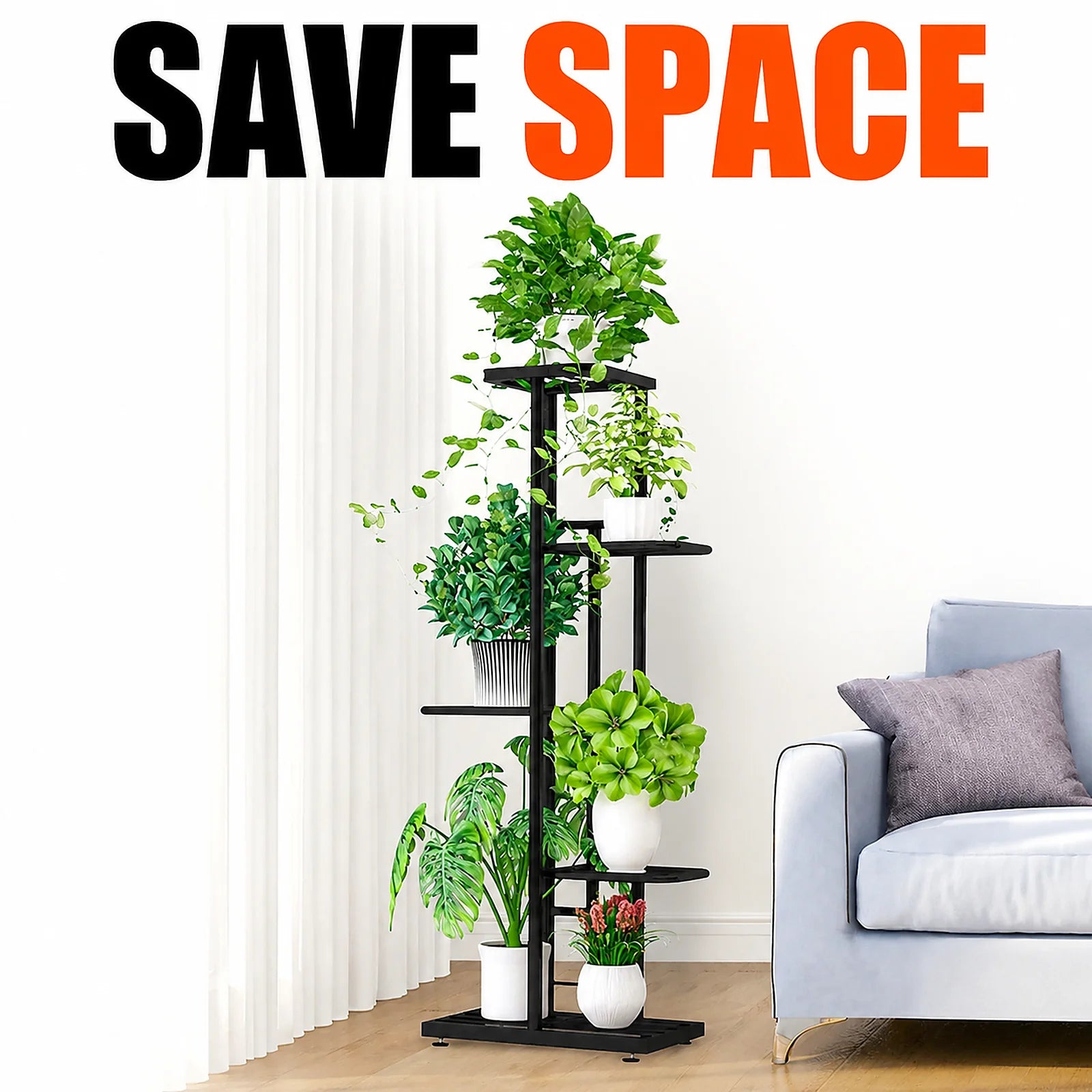 5 Tier Black Metal Plant Stand, Narrow Indoor Outdoor Plant Rack With Grid Shelves For Balcony or Corner