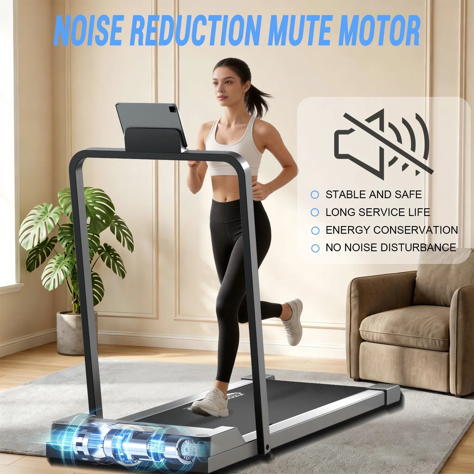 Walking Pad Treadmill with Handrail, Foldable Under Desk Treadmill for Home Office, Portable Compact Walking Treadmill with LED Display, Quiet Motor, Bluetooth App Control, for Walking Jogging and Light Running
