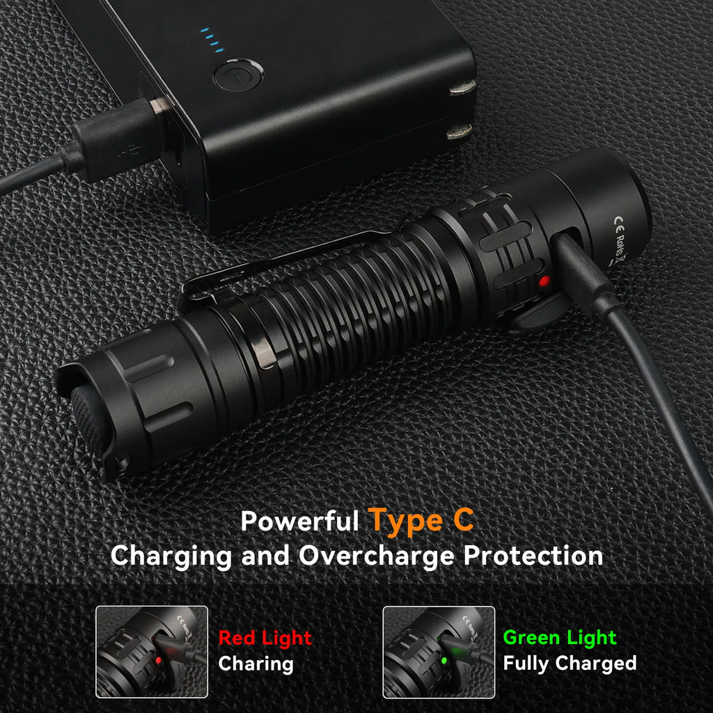 TD02 Tactical Flashlight 2000 Lumens 18650 Rechargeable Battery