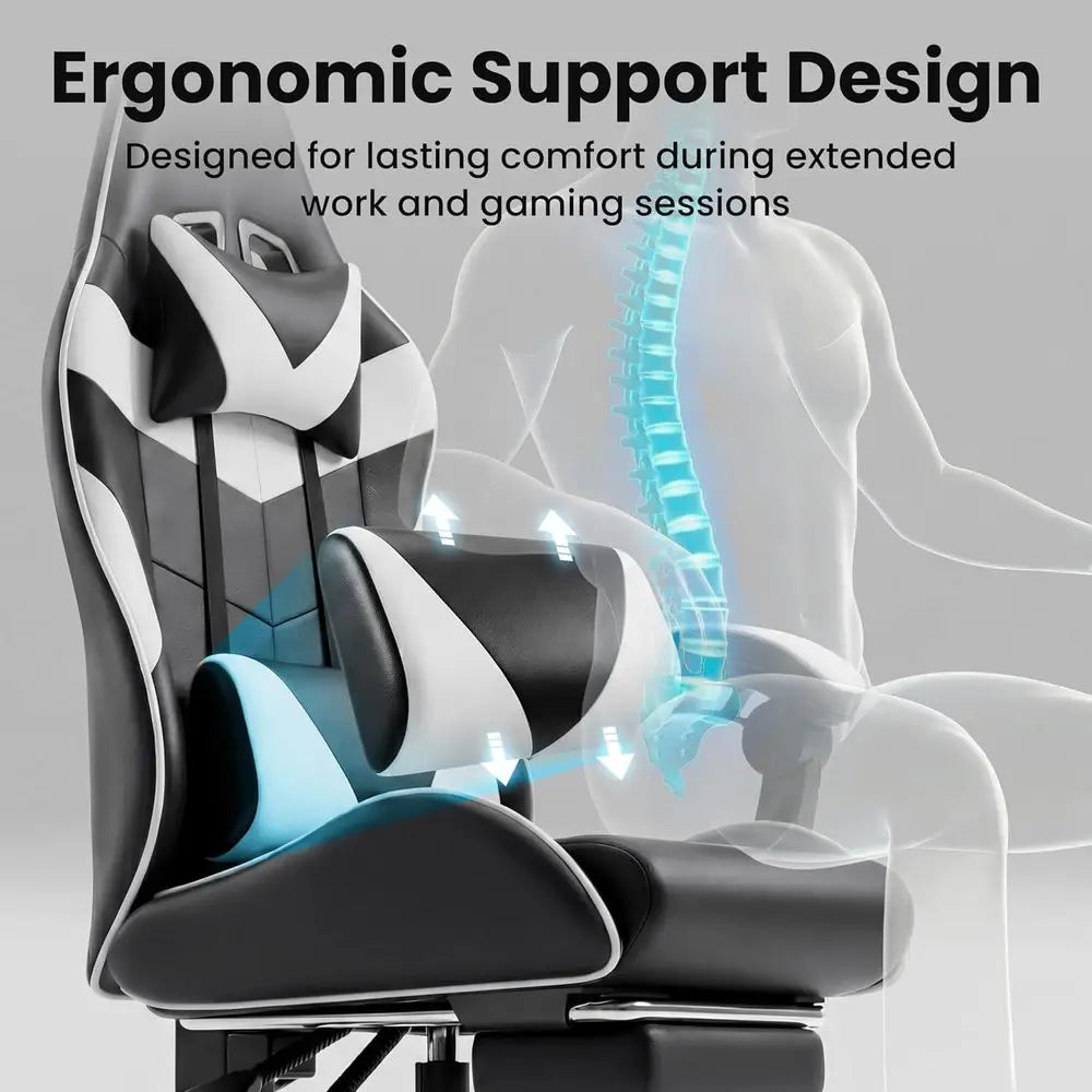 Ergonomic Gaming Chair with Footrest, Lumbar Support, Adjustable Height, 360° Swivel for Comfortable Office Use - Black & White
