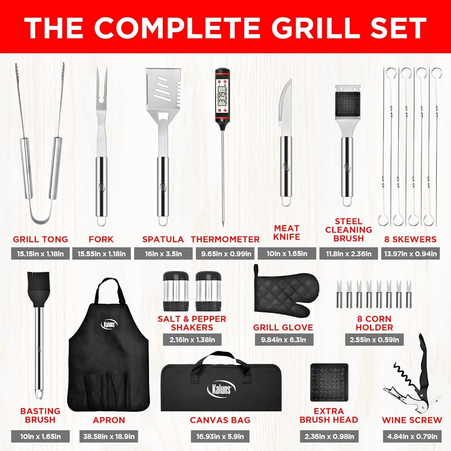 30-Piece BBQ Grill Set, Heavy Duty Stainless Steel with Meat Thermometer, Case & Apron, Gift
