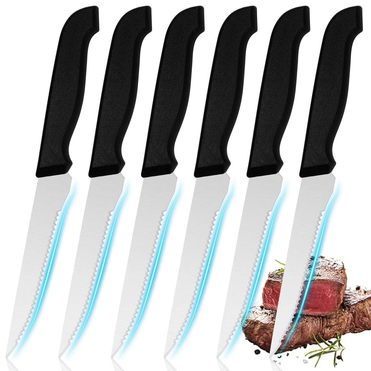 6Pcs Serrated Steak Knife Set Stainless Steel Sharp Table Knives Black Ergonomic Handle Dinner Cutlery For Home Restaurant BBQ Meat Cutting Kitchen Tool