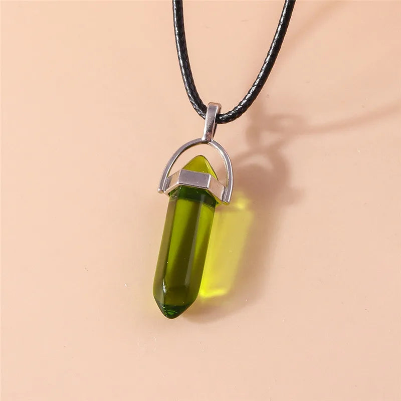 Stone Quartz Gem, Pink Crystal Stone Hexagonal Column Pendant, Necklaces, Leather Chain Bullet Necklace