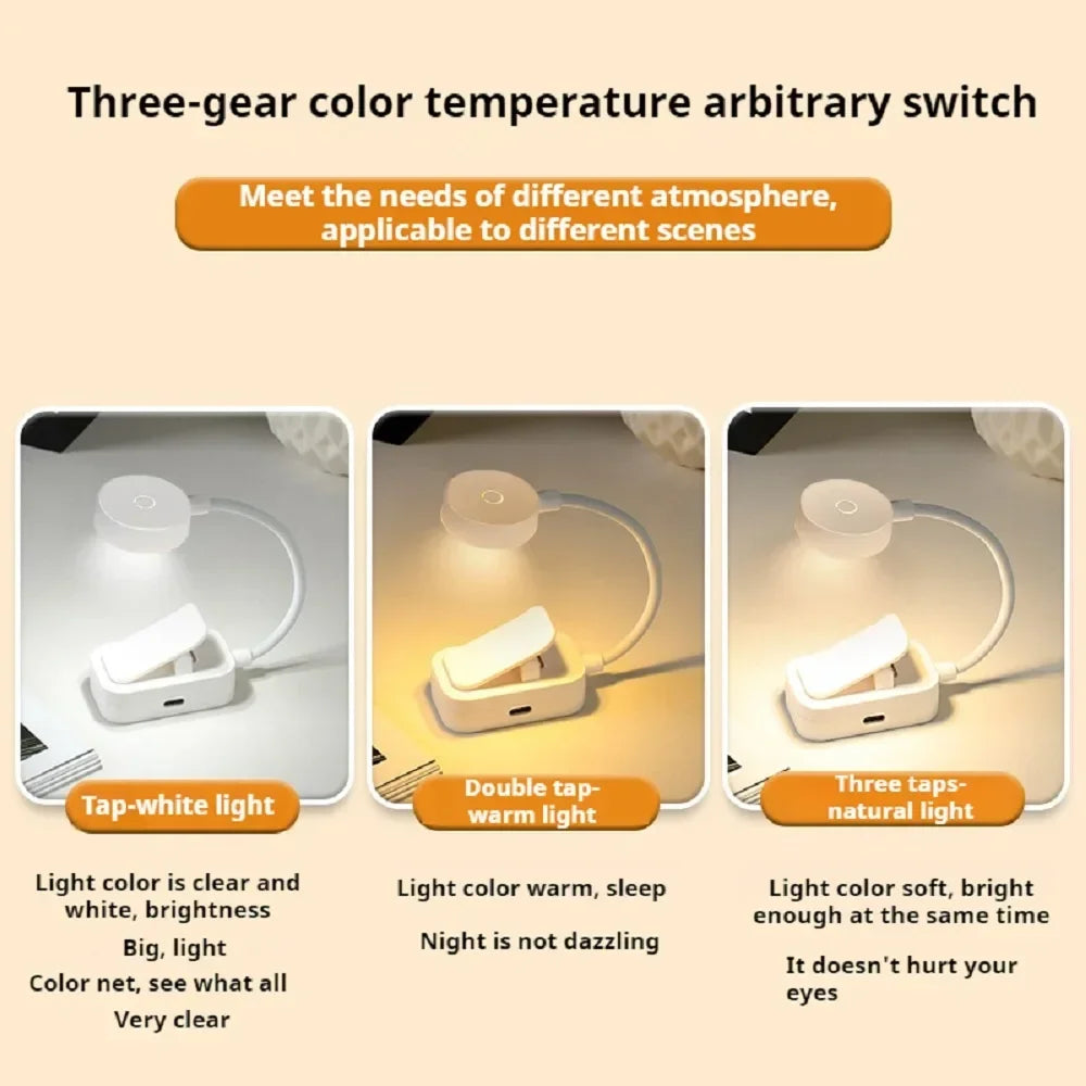 Mini LED Clip On Book Light, Eye Caring 3 Color Modes Portable Reading Lamp, Battery & USB Powered Bedside Night Light