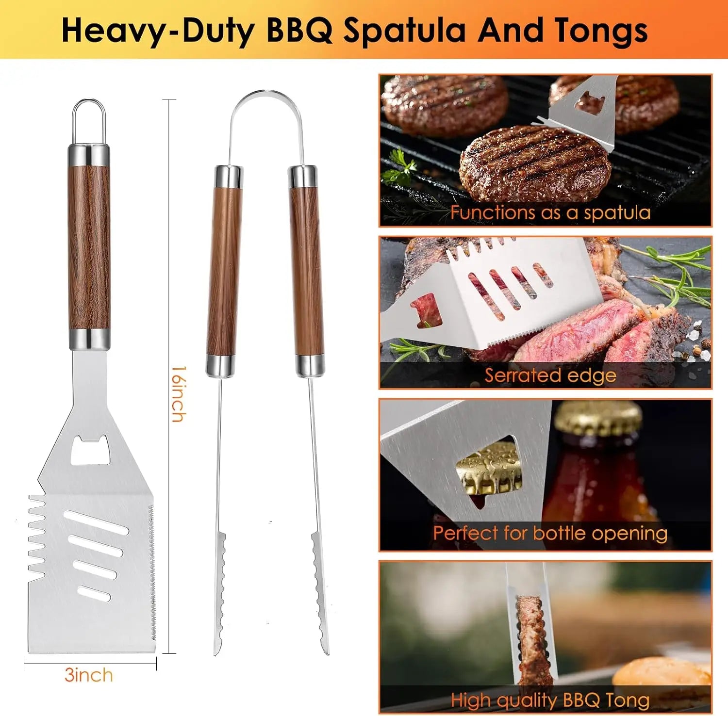 BBQ Grilling Accessories Set, 34Pcs Heavy Duty Grill Tools for Outdoor Camping, Grilling Gifts for Men Dad, Stainless Steel Barbecue Utensils Kit with Mats and Glove in Carrying Bag, Brown