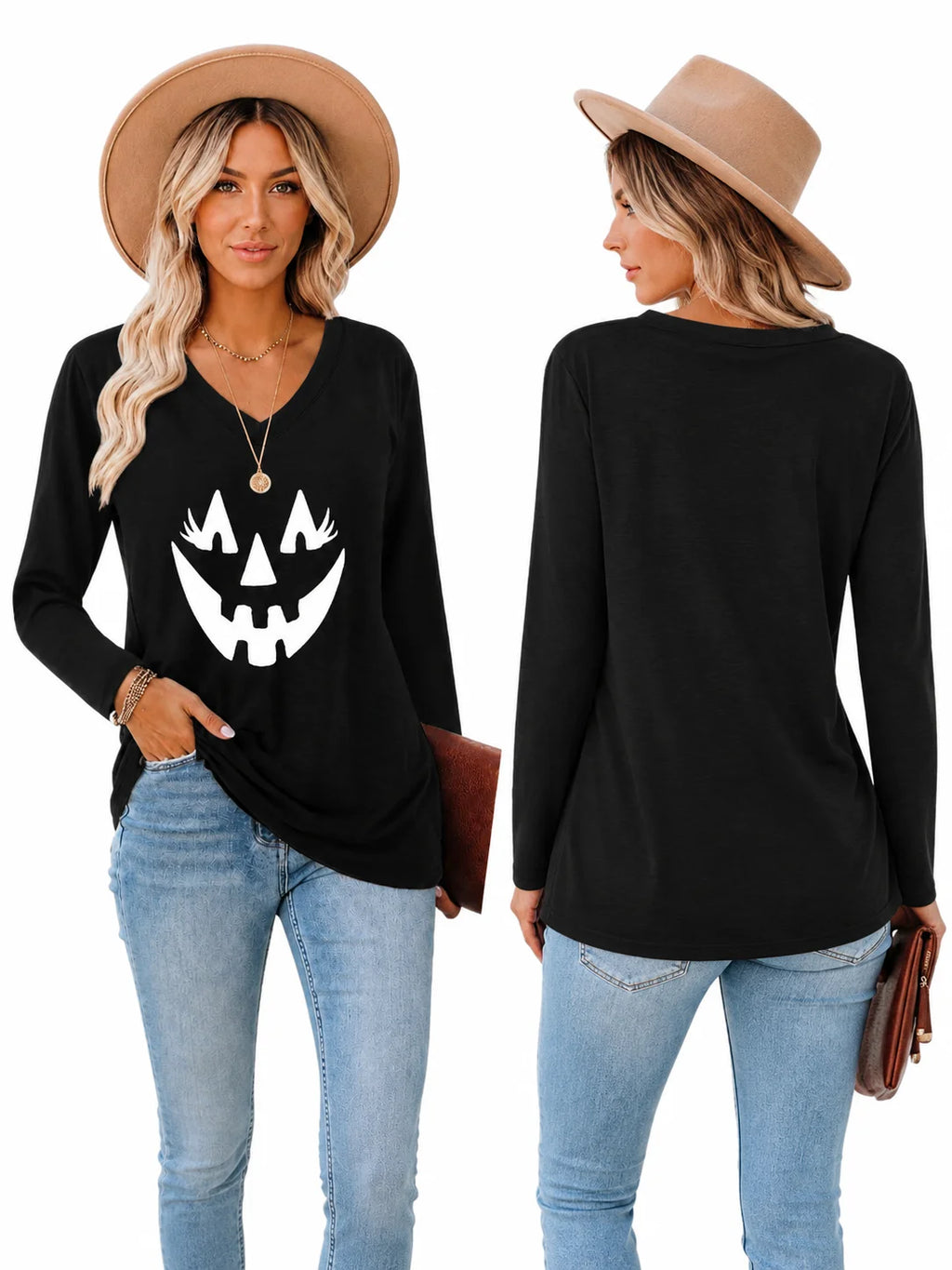 Halloween Pumpkin Graphic Long Sleeve Shirts for Women V Neck Cute Eyelash Pumpkin Face Tee Casual Loose Fall Holiday Outfit Tops