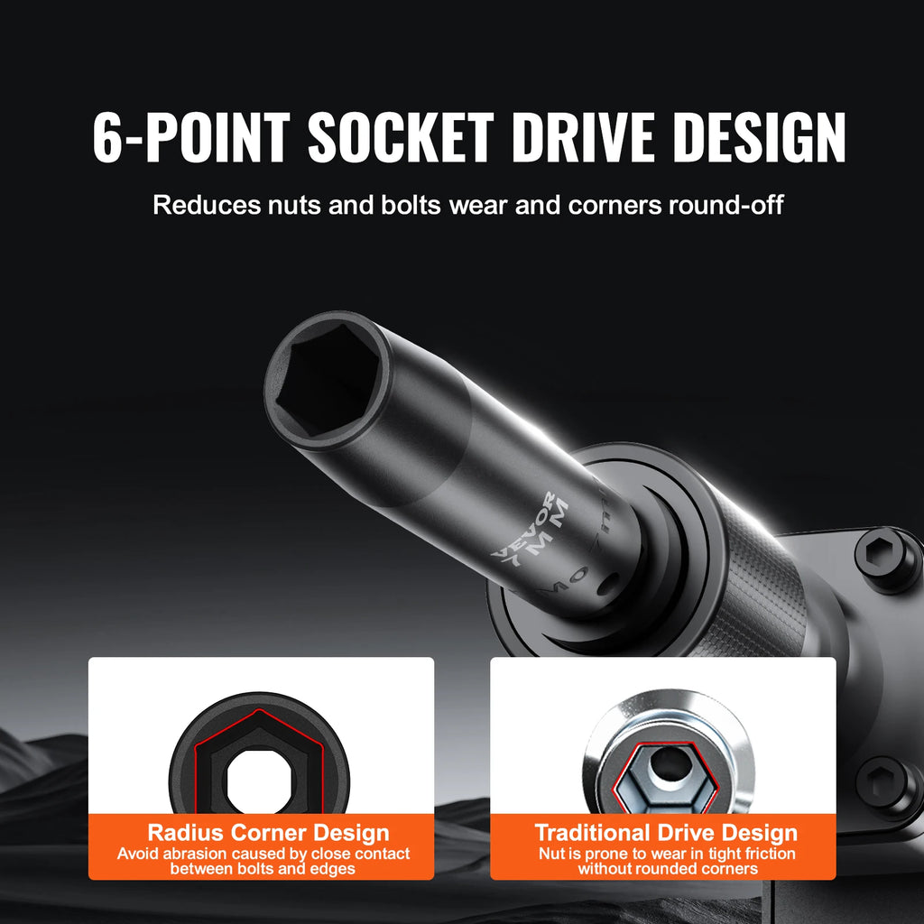 1/2" Drive Impact Socket Set,  6 Point Cr-V Alloy Steel, Easy-to-Read Size Markings, Rugged Construction