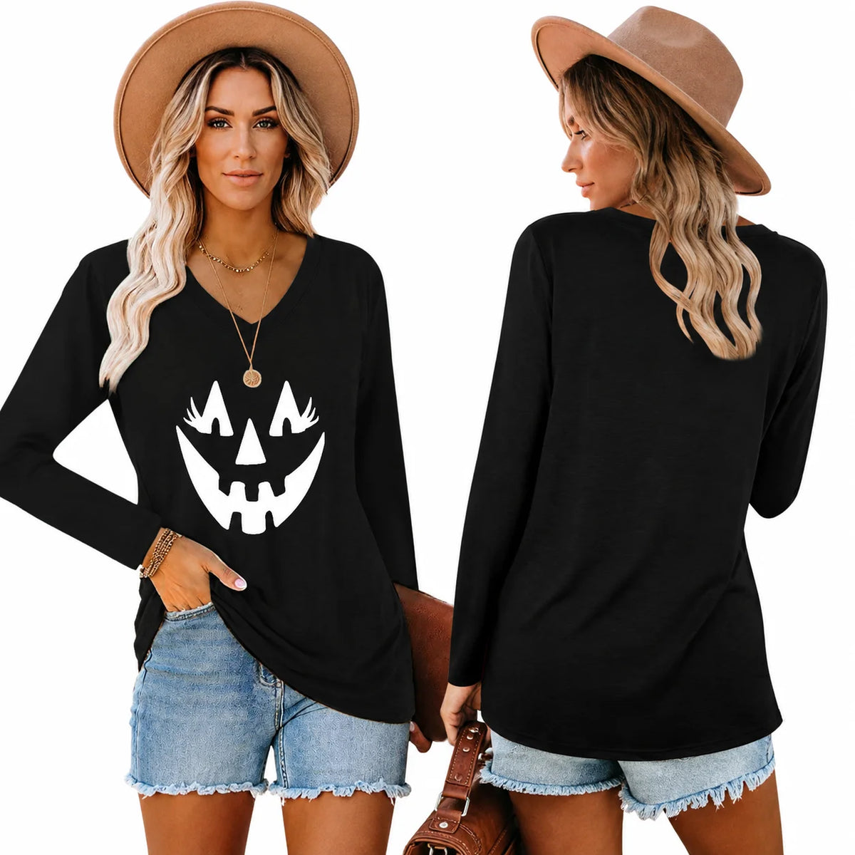 Halloween Pumpkin Graphic Long Sleeve Shirts for Women V Neck Cute Eyelash Pumpkin Face Tee Casual Loose Fall Holiday Outfit Tops