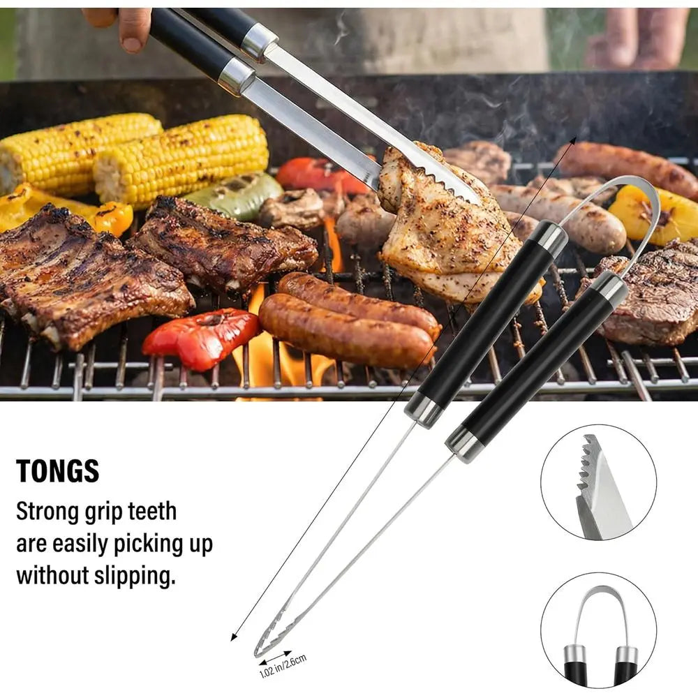 Premium BBQ Grill Accessories Set for Men - Outdoor Barbecue Tools Including Tongs, Brush, and Cleaning Brush (Black)