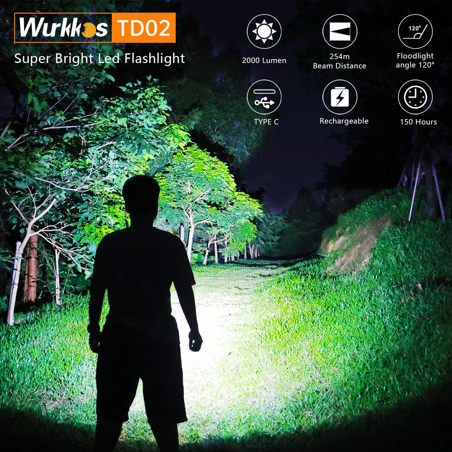 TD02 Tactical Flashlight 2000 Lumens 18650 Rechargeable Battery