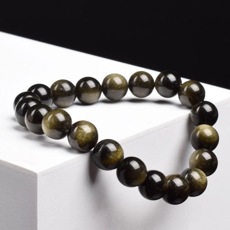Golden Obsidian Stone Beads Bracelet Men Women Golden Light Rainbow Obsidian Raw Stone Round Bead Natural Energy Jewelry