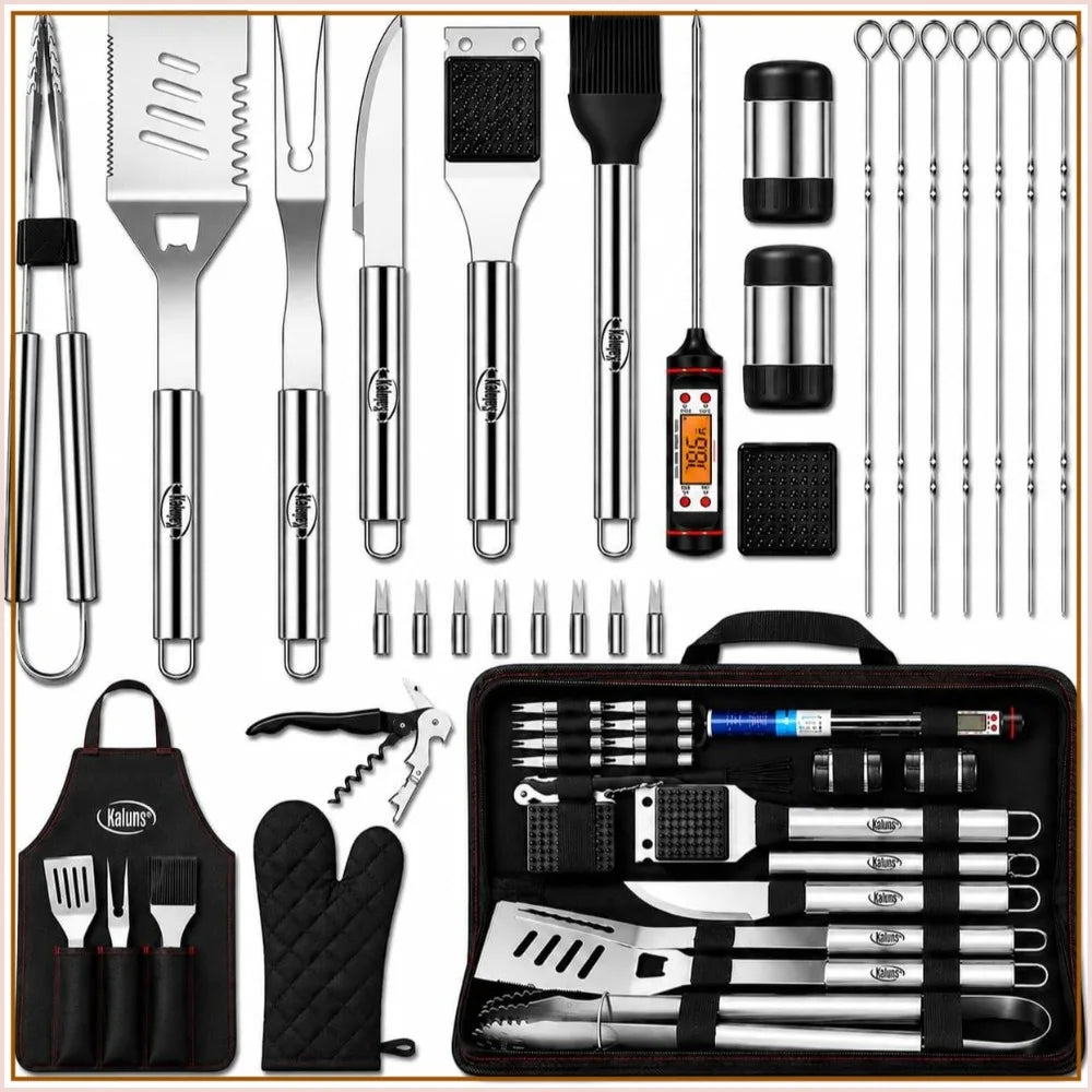 Heavy Duty Stainless Steel Grill Set with Meat Thermometer, Case and Apron for Outdoor BBQ