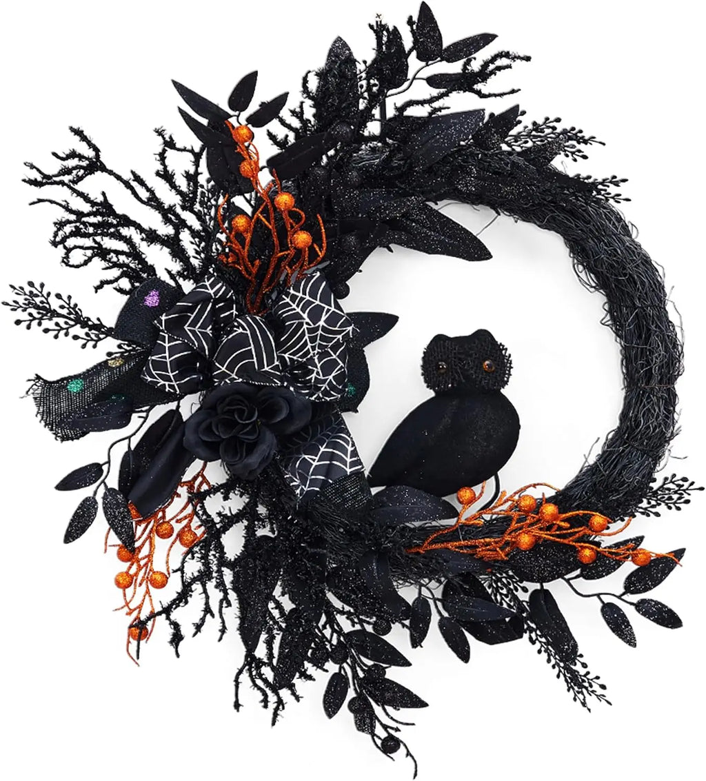 20 Inch Halloween Owl Wreath with Natural Vines and Black Artificial Roses – Front Door, Porch, Wall Decor for Indoor Outdoor Party Home