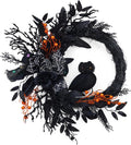 20 Inch Halloween Owl Wreath with Natural Vines and Black Artificial Roses – Front Door, Porch, Wall Decor for Indoor Outdoor Party Home