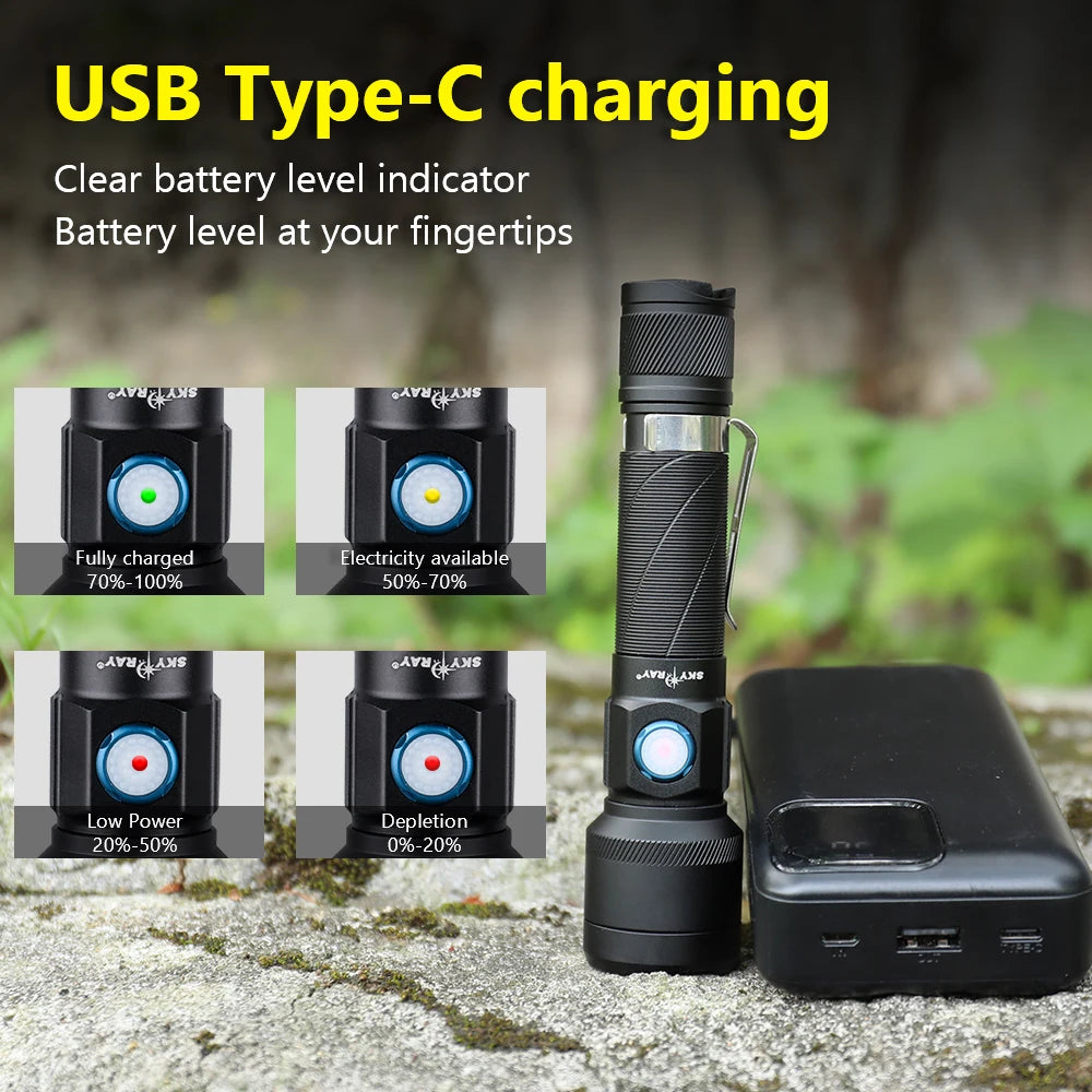 2500Lumen Tactical led Flashlight Type-c Rechargeable LED Clip IP68 Waterproof 320M Light Range Camping Hiking Hunting Emergency Self Defense led Torch