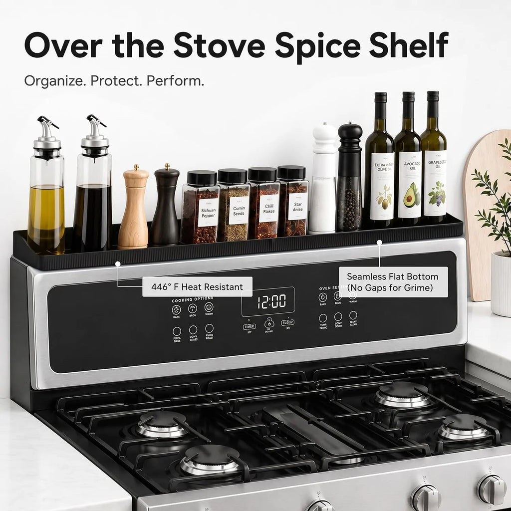 30" Magnetic Stove Top Shelf Silicone Spice Rack with 3 Compartments for Kitchen Organization
