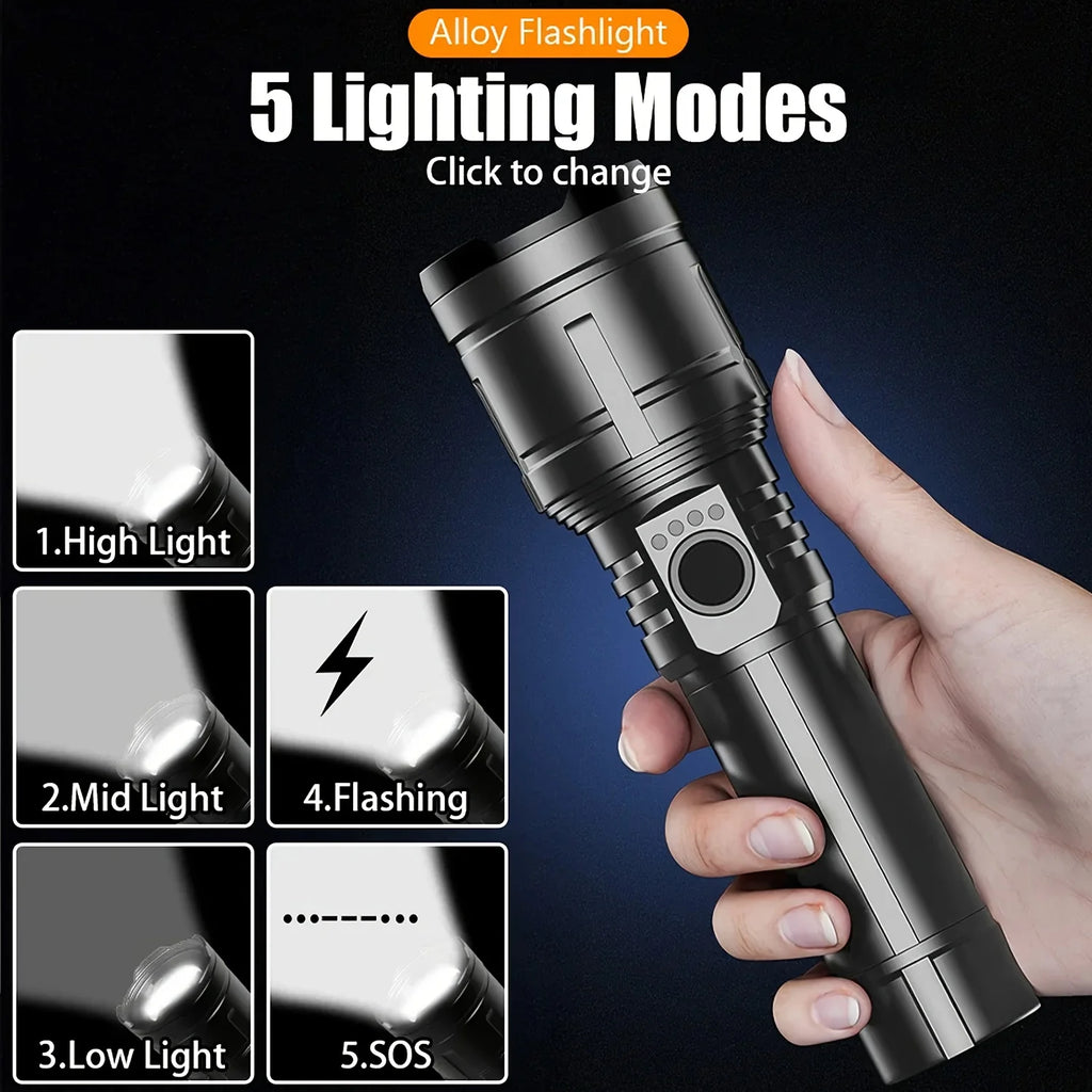 Zoomable LED Flashlight with Lens Ignition Function, Rechargeable High Power Tactical Flashlight, USB Charging with Power Indicator Light, Perfect for Outdoor Camping, Survival & Emergency Use