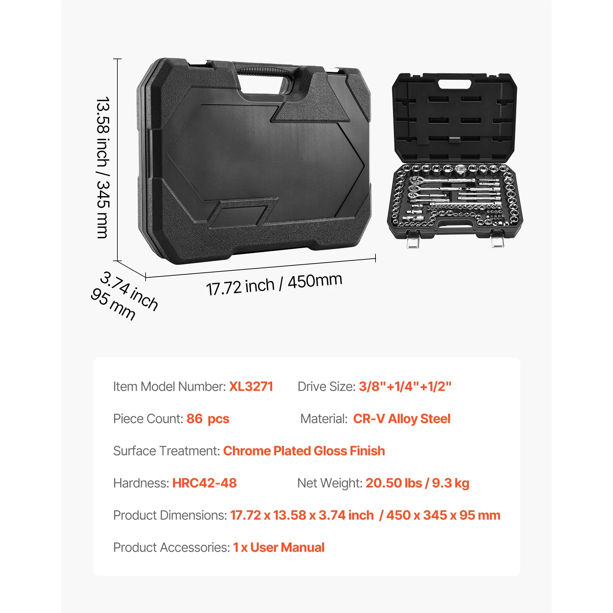 Socket Set 86 Pieces 3/8 ,1/4, or 1/2in Drive Socket and Ratchet Set, SAE Metric Mechanic Tool Kit with Ratchet Wrench