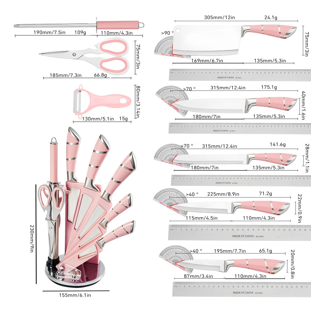 9PCS Kitchen Knife Set Stainless Steel Hollow Handle Sharp Meat Cutting Cooking Knife Scissors Bread Knife Fruit Peeler