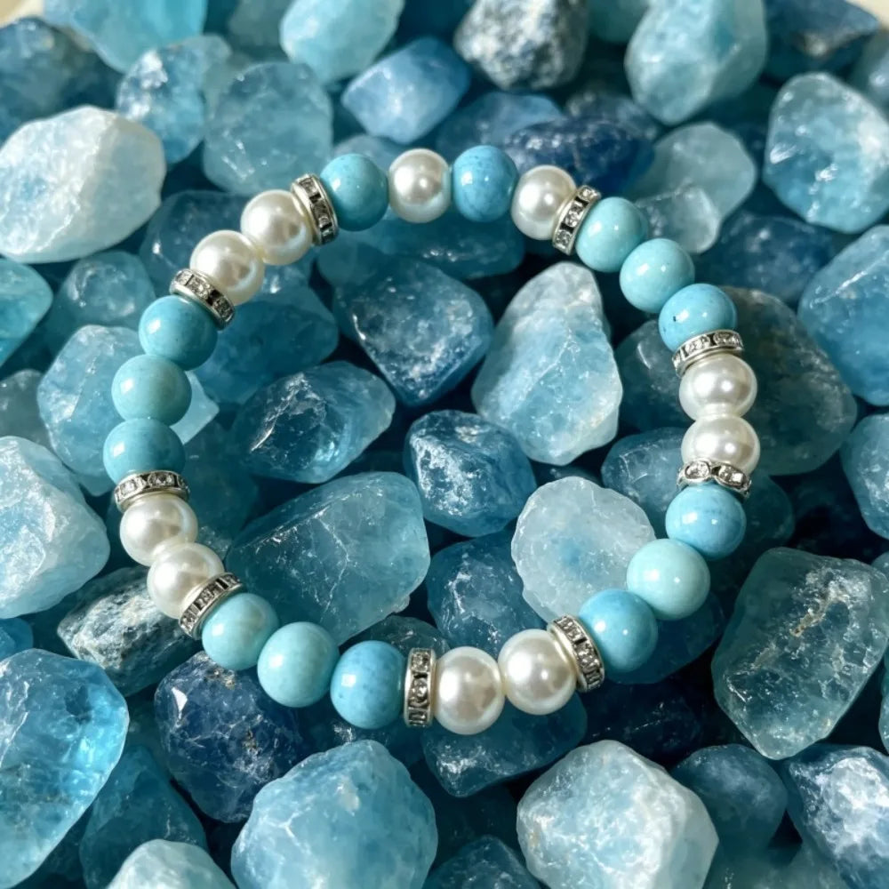 1pc Fresh Turquoise & White Pearl Color Block Beaded Bracelet, Simple Marble Texture Handcrafted Design, Bohemian Style, Attracts Wealth & Prosperity, Promotes Career Growth, Suitable for Daily Wear, Unisex, Perfect Gift for
