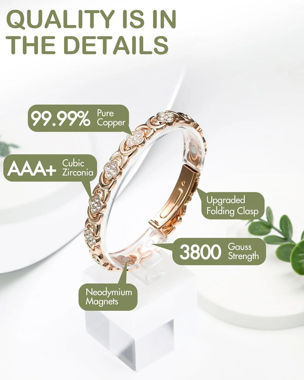 Pure Copper Bracelets for Women, Ultra Strength Magnetic Therapy Bracelet for Pain Relief with Neodymium Magnets & Sparkling Cubic Zirconia, Adjustable, Infinite Clover Jewelry