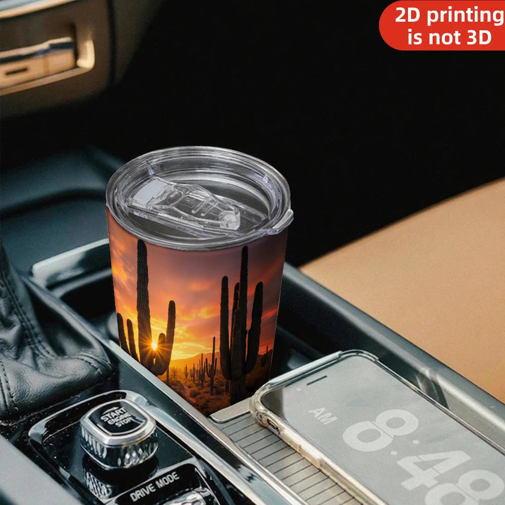 20oz Desert Saguaro Cactus Printed Stainless Steel Tumbler with Lid and Straw, Arizona Sunset Sunburst Wild West Landscape Vacuum Insulated Travel Coffee Mug Gifts for Nature Lovers