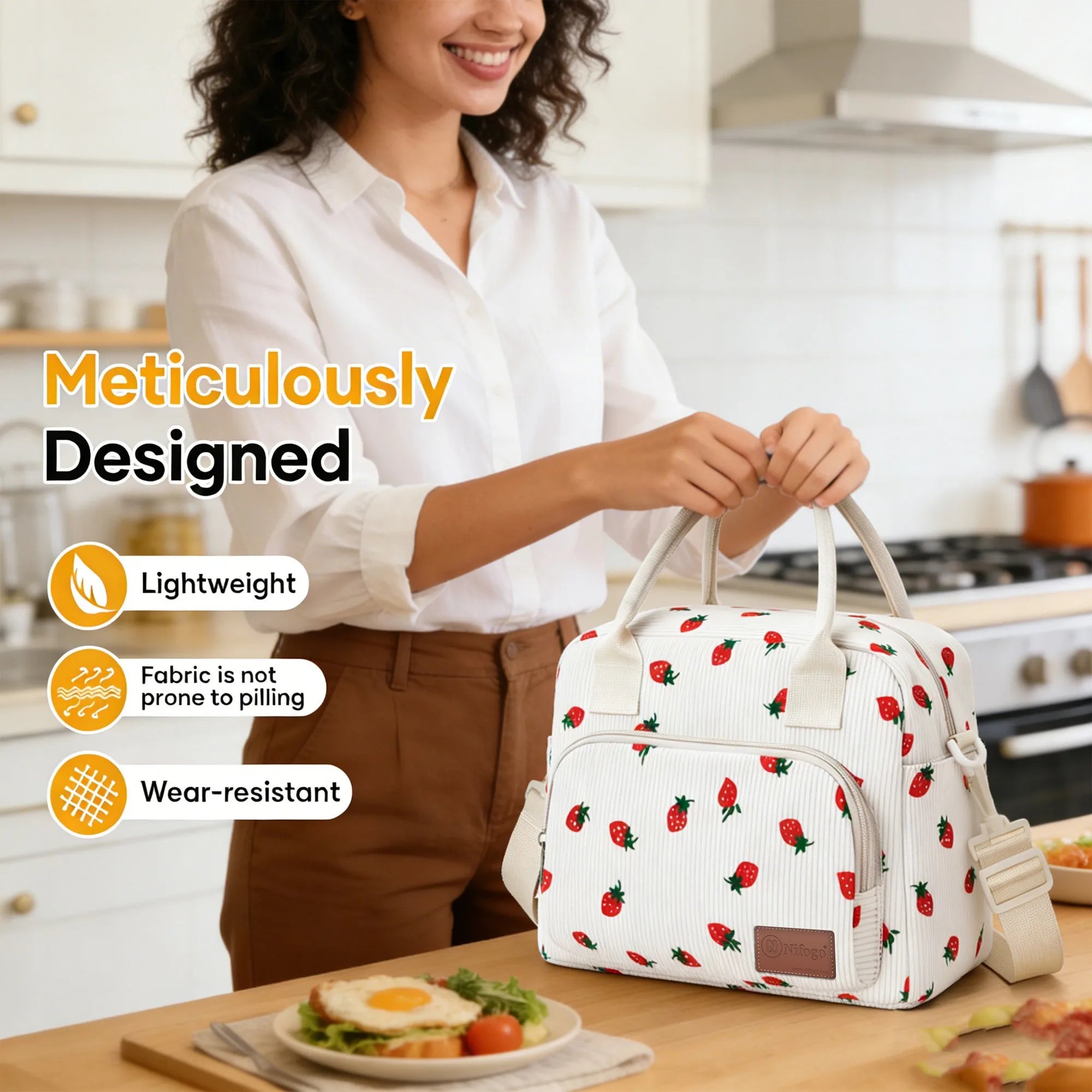 Cute Strawberry Print Insulated Lunch Bag, Corduroy Thermal Cooler Tote with Adjustable Shoulder Strap, Leakproof Portable Lunch Box Carrier for Work School Picnic