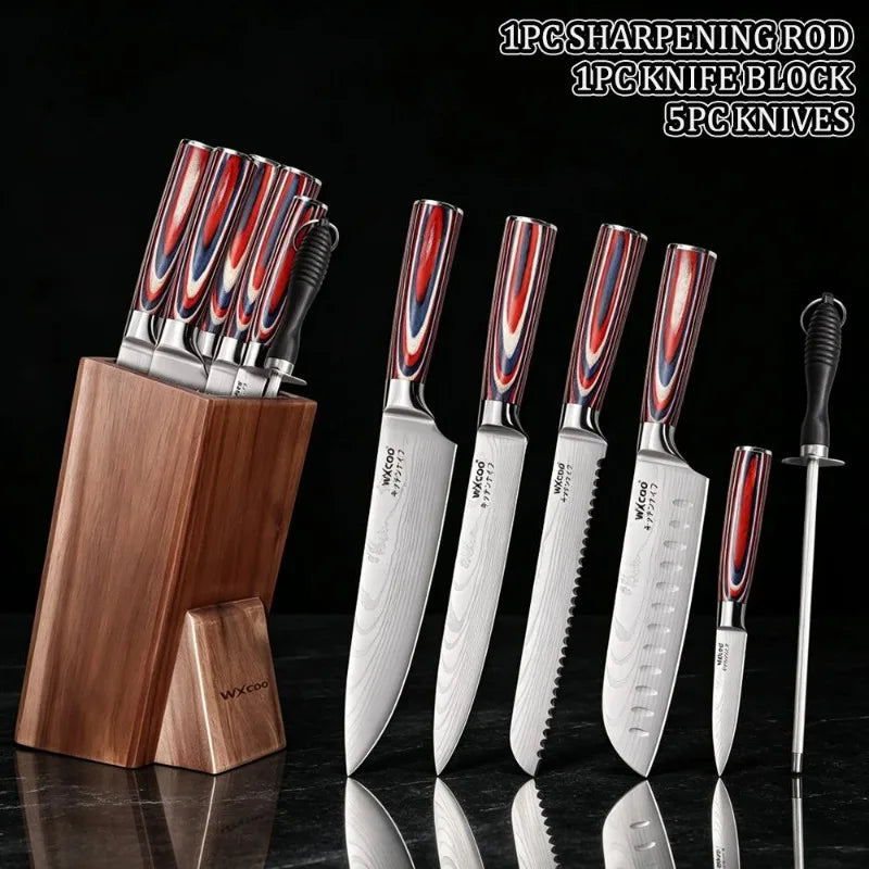 Kitchen Accessories 7PCS Professional Stainless Steel Knife Set with Sharpening Rod Wooden Holder
